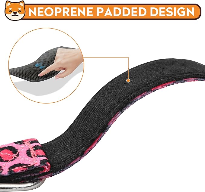 PWOD Reflective Dog Collar, Adjustable Soft Neoprene Padded Nylon Pet Collars with Buckle for Puppy and Small Dogs, Cats, Leopard Pink,L