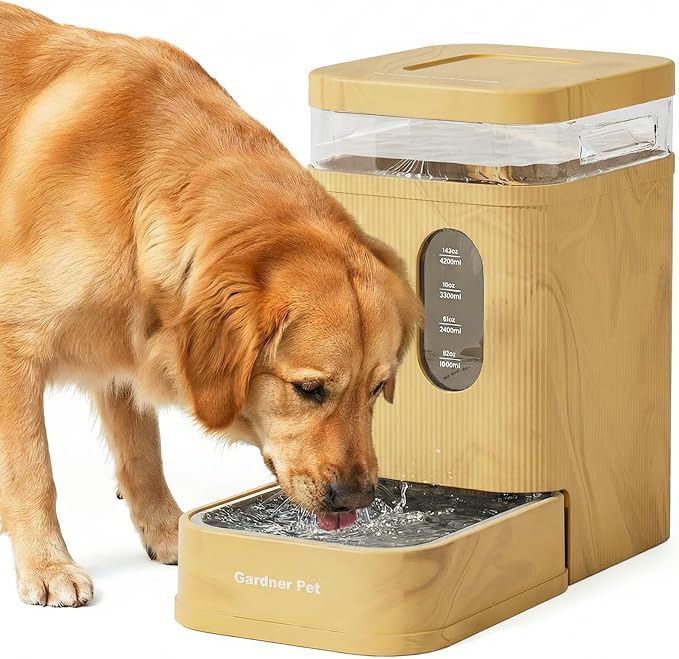 Gardner Pet 1.7 Gallon Automatic Dog Water Bowl Dispenser 6.5L Gravity Water Feeder with Stainless Steel Bowl & Maifan Stone Filter, BPA-Free for for Cats and Dogs (Brown