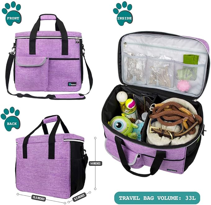 PetAmi Dog Travel Bag Organizer, Pet Supplies Tote Diaper Bag, Purple Large