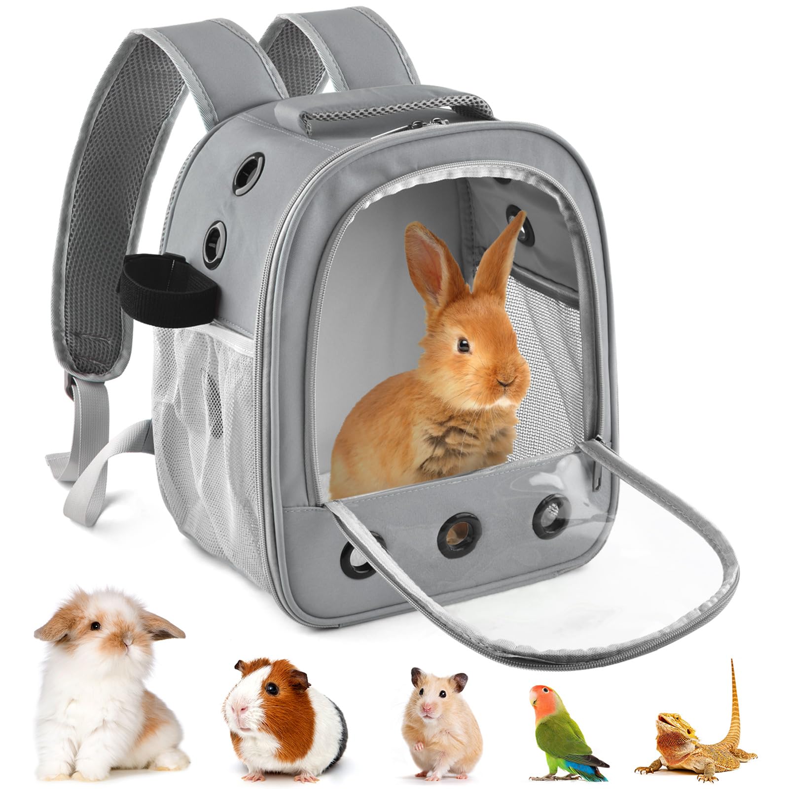 DBNESS Guinea Pig Carrier Backpack, Portable Rabbit Travel Carring Bag for Pet Bunny Chinchilla Bearded Dragon Hamster Parrot Outgoing Pouch Case with Water Bottle Holder & Detachable Pad (Light Gray)