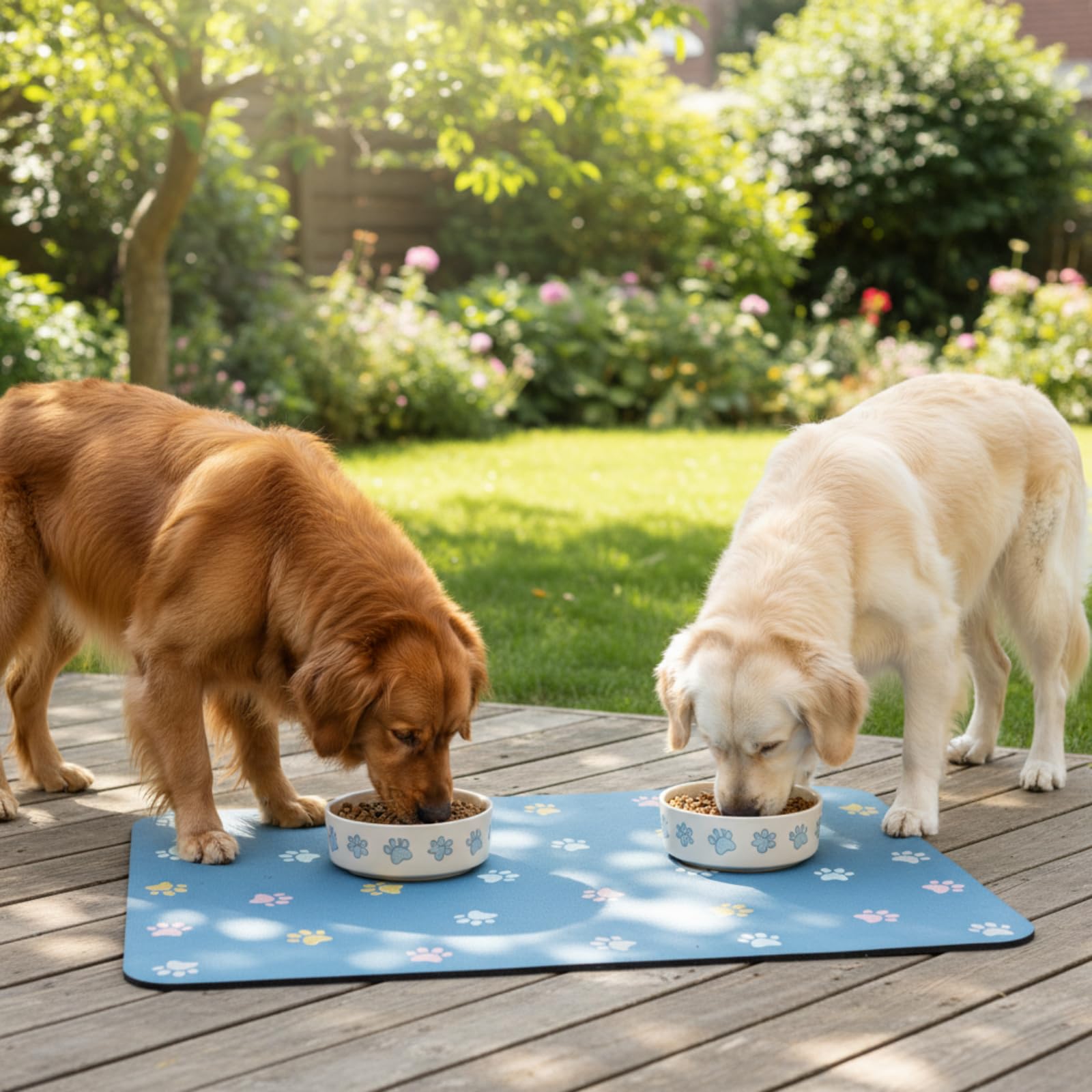 Yetstock Pet Feeding Mat Absorbent Dog Mat for Food and Water Non Slip Quick Dry Dog Bowl Mats for Floors 27" X 17" Paw Lake Blue