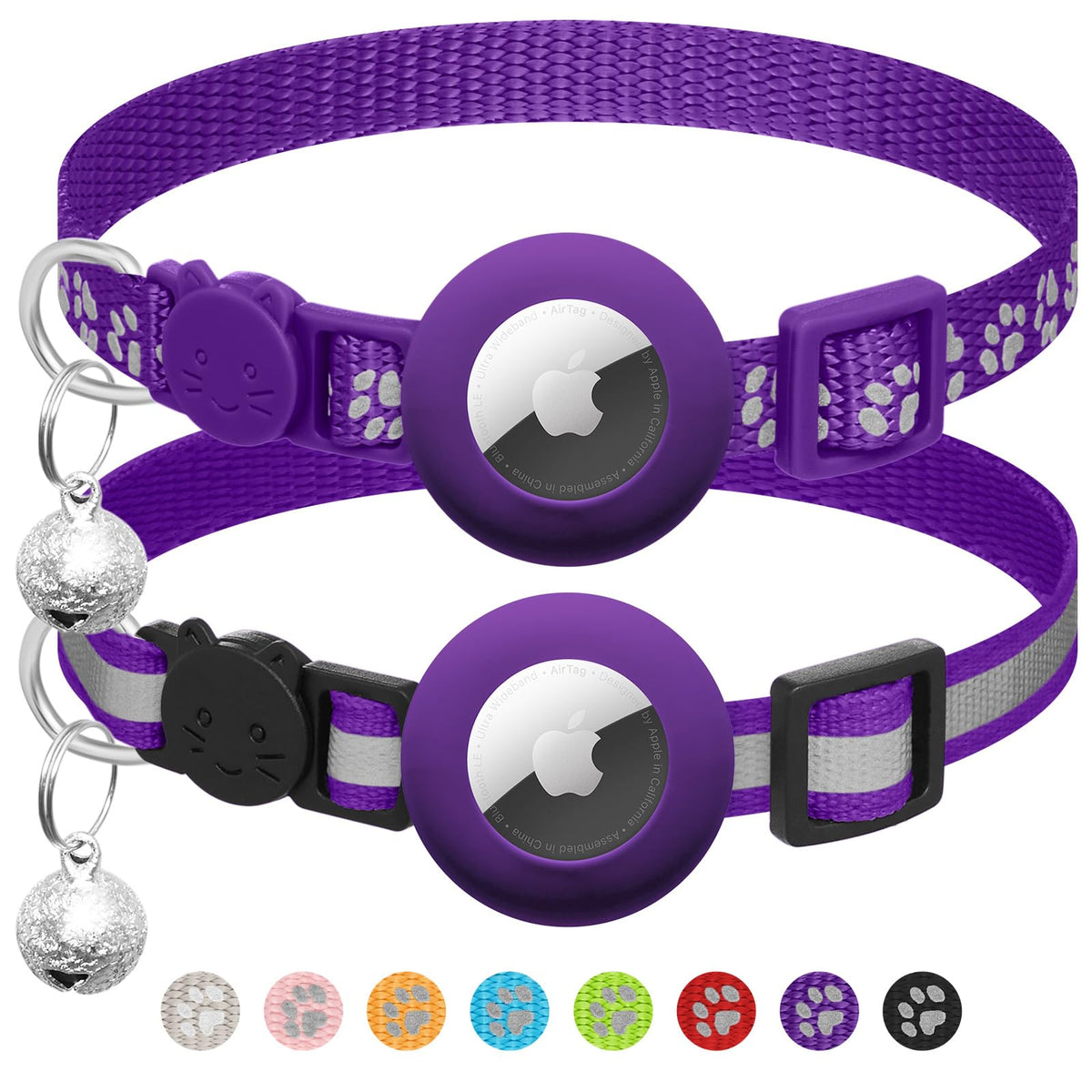 2 Pack Airtag Cat Collar Breakaway with Bell,Reflective Kitten Collar with Apple Airtag Cat Collar Holder,Adjustable 7-12In,Safety Buckle for Girl Boy Cats,Pet Supplies,Accessories,Gifts (Purple)