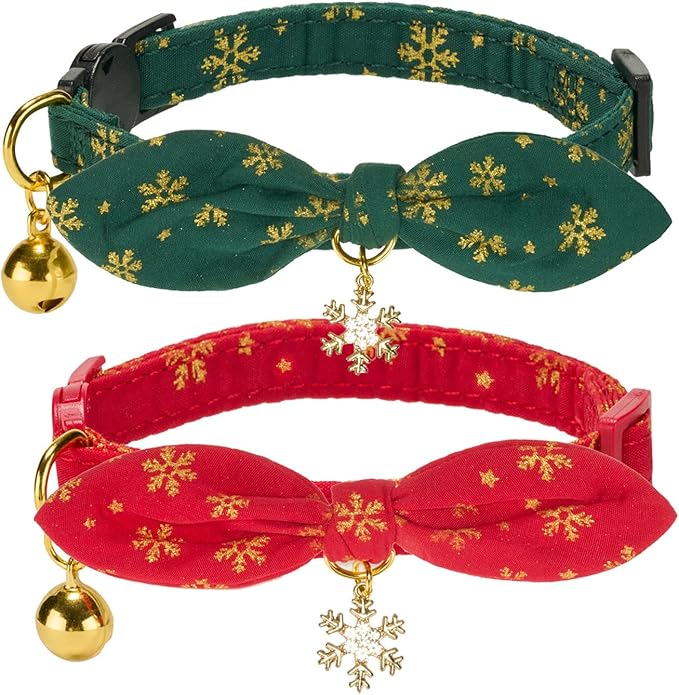 YUDOTE Bunny Ear Christmas Bowtie Cat Collar with Bell 2 Pack Cotton Breakaway Snowflakes Holiday Kitten Collars(Red+Green)