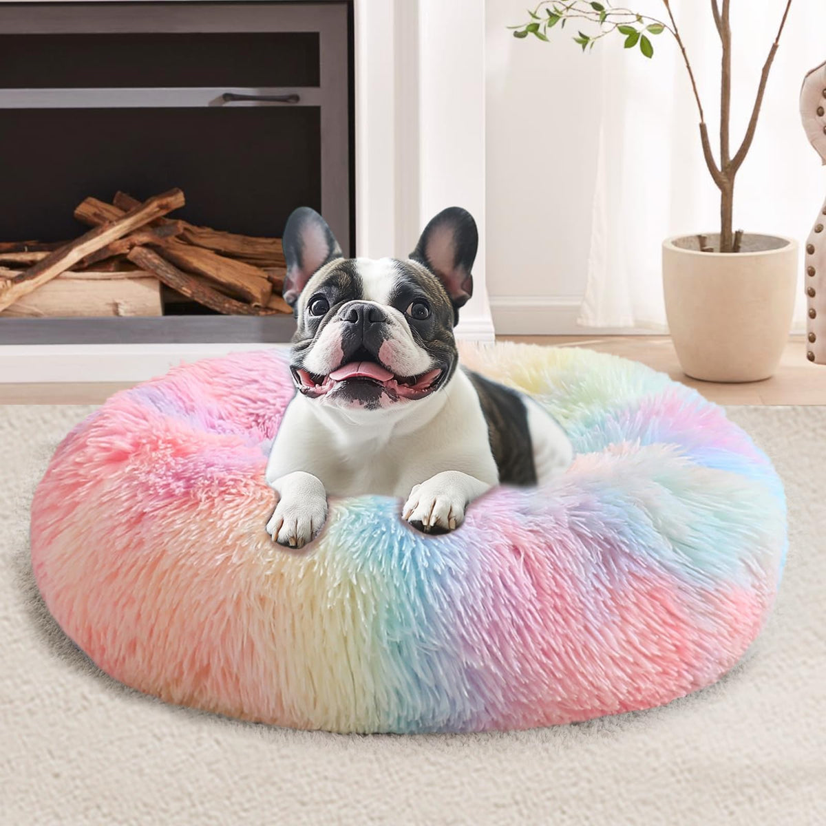 JOLLYVOGUE Calming Dog Bed for Small Dogs - 23 inches Donut Washable Small Dog Bed for Kittens & Puppies, Anti-Slip Round Fluffy Plush Faux Fur Cat Beds (Fits up to 25 lbs Pets, Purple)