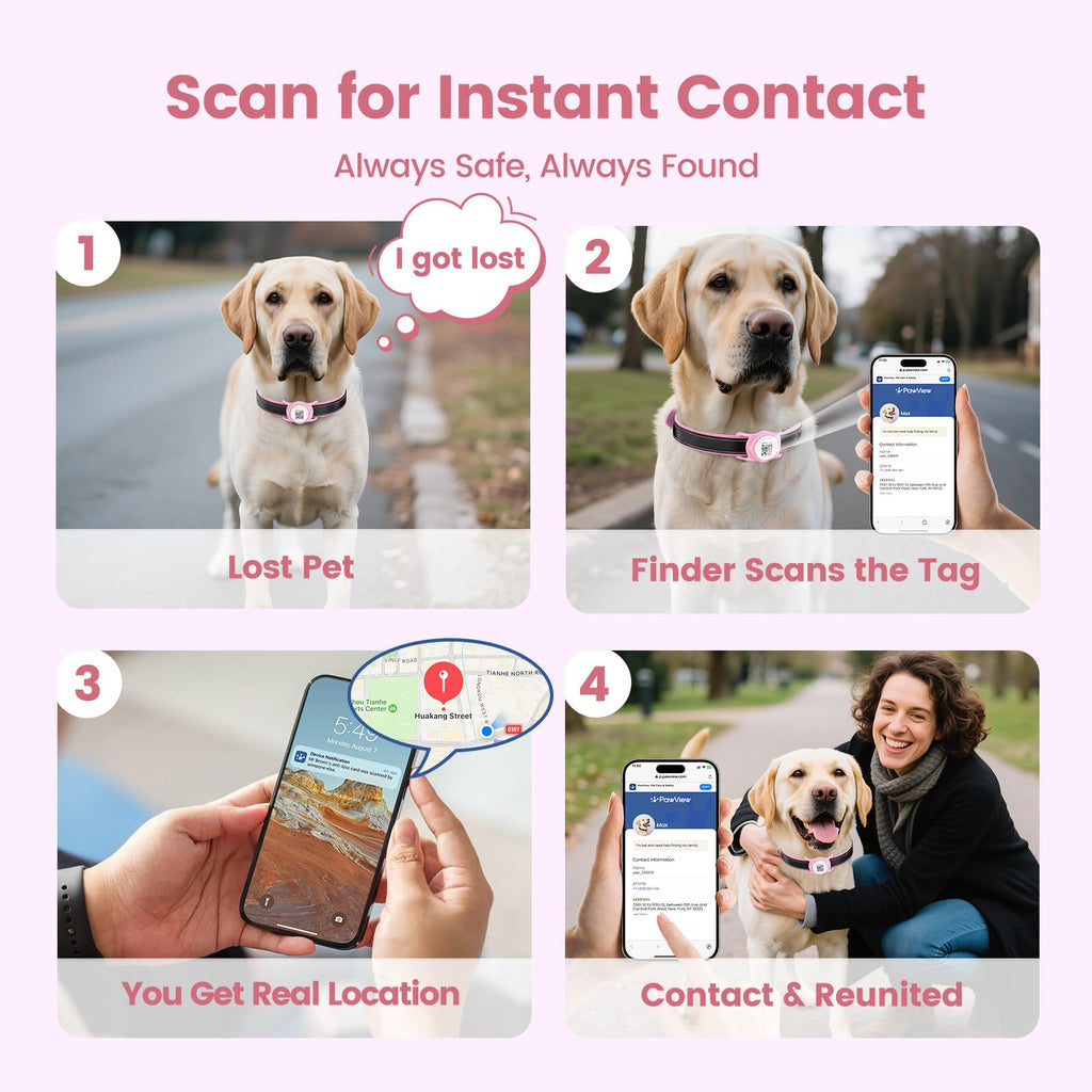 Smart Pet Tracker for Collar - Dog Trackers Location for Pet with Holder, No Monthly Fee, Real-Time Tracking, iOS Only, IPX6 Waterproof, Long-Lasting, Anti-Lost Tracker for Cats, Bag Straps,Pink