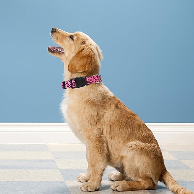 PWOD Reflective Dog Collar, Adjustable Soft Neoprene Padded Nylon Pet Collars with Buckle for Puppy and Small Dogs, Cats, Leopard Pink,L
