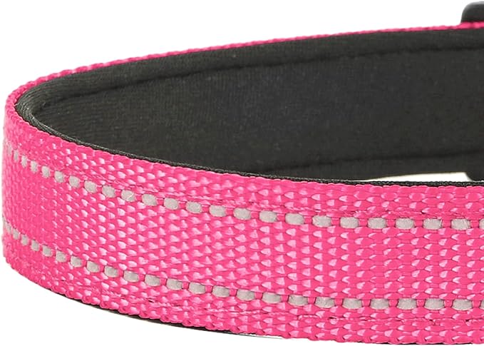 PWOD Reflective Dog Collar, Adjustable Soft Neoprene Padded Nylon Pet Collars with Buckle for Puppy and Small Dogs, Cats, Hotpink,XS