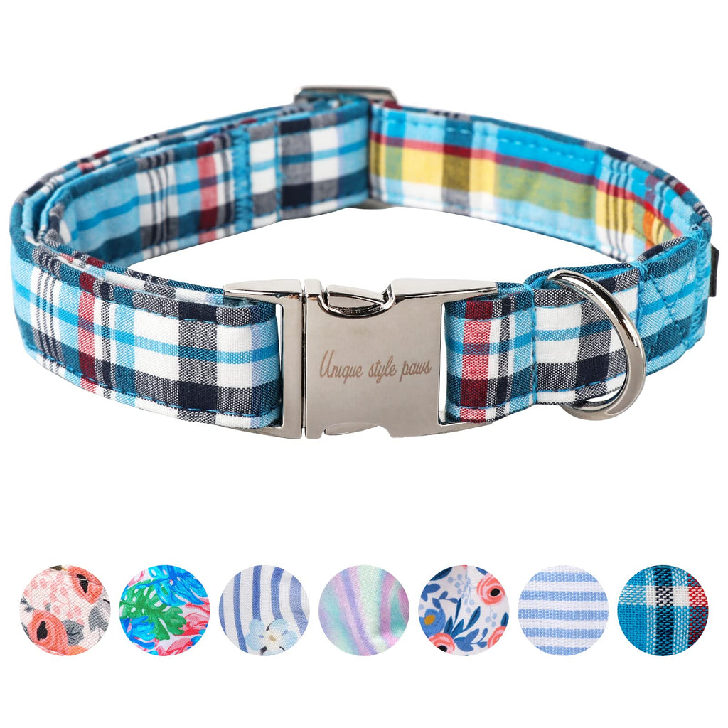 Unique Style Paws Metal Buckle Blue Plaid Collar - Durable & Cute for Small, Medium & Large Dogs