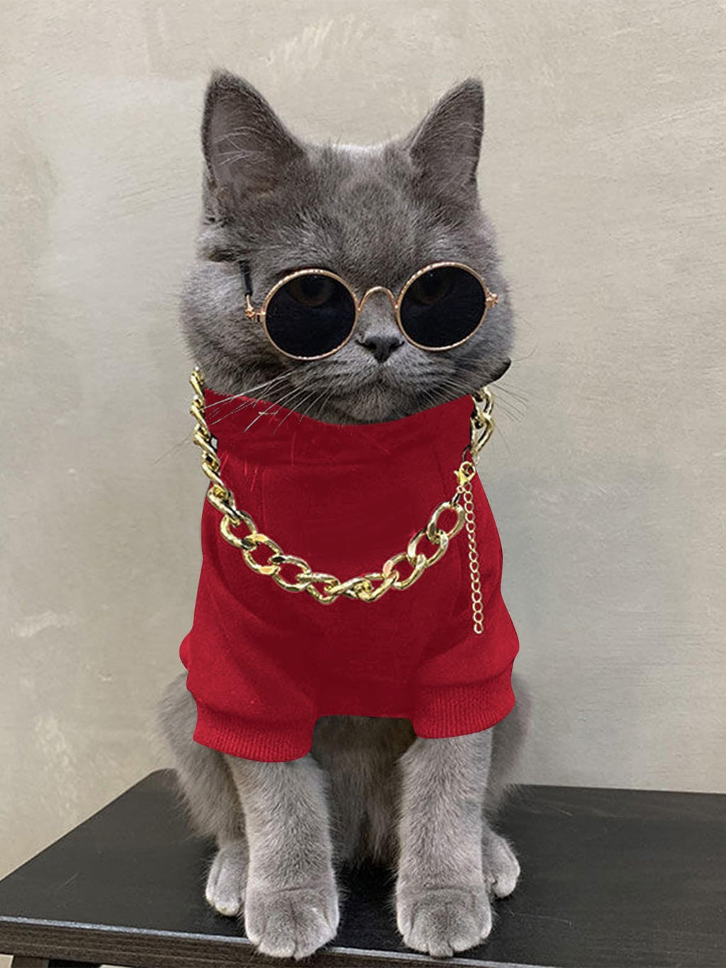 QWINEE 3Pcs Dog Hoodie Cat Apparel Dog Custume Set with Necklace and Sunglasses Pet Clothes for Puppy Small Medium Dogs Cats Red L