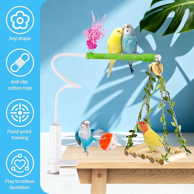 ZooVibe Bird Perch Stand with Swing, Desktop Bird Toy & Stand for Interacting, Interactive Playground for Sun Conure, Lovebirds, Conure, Budgie, Cockatiel - Non-Slip Adjustable Perch
