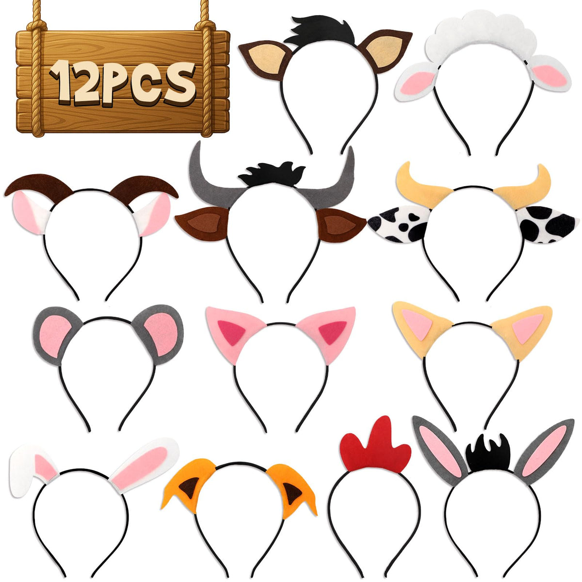CiyvoLyeen 12Pcs Farm Barnyard Animals Ear Headbands for Petting Zoo