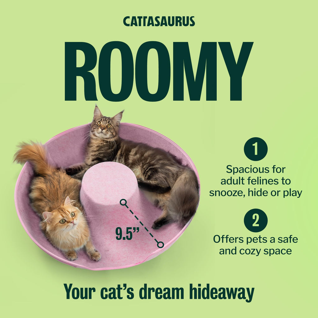 Cattasaurus Peekaboo Cat Cave Donut for Multiple & Large Cats up to 30-45 lbs, 3-in-1 Self Warming Cat Bed, Tunnel & Scratcher for Indoor Cats, Washable & Detachable Small Dog Bed (Pink, Jumbo)