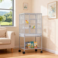 52'' Wrought Iron Birdcage with Detachable Rolling Stand & Feeder, Large Bird Cage with Secure Lock & Slide-Out Tray, Indoor Outdoor Bird Cage on Wheels,Parrot Cages for Parakeets, Pigeons, White