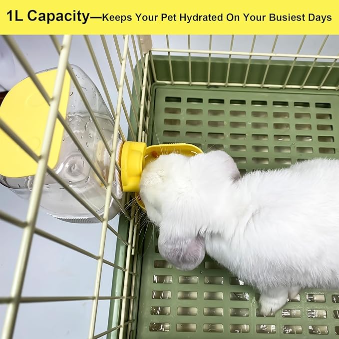 RMNHPTK 35oz Rabbit Water Bottle, Pet Hanging Automatic Water Dispenser for Small Animal Ferret Guinea Pig Chinchilla Dog Cat (Cage Grid Spacing 1.2''-2.1'') (Yellow)