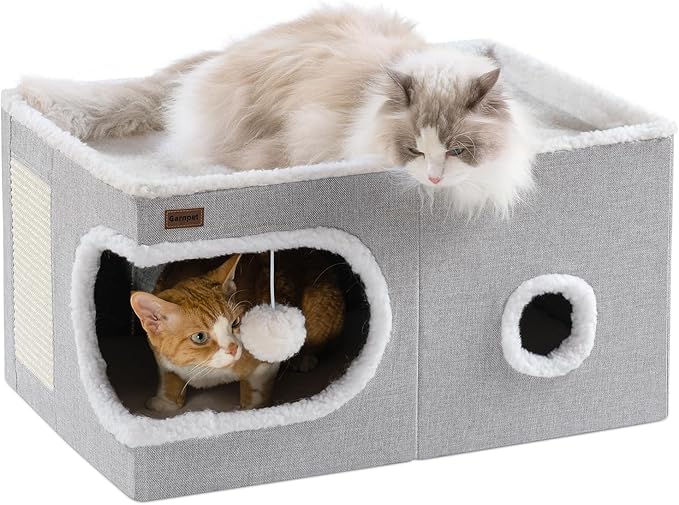 Garnpet Cat Bed for Indoor Cats Cube House, Covered Cat Cave Beds & Furniture with Scratch Pad and Hideaway Tent, Cute Modern Cat Condo for Multi Small Pet Large Kitten Kitty, Large