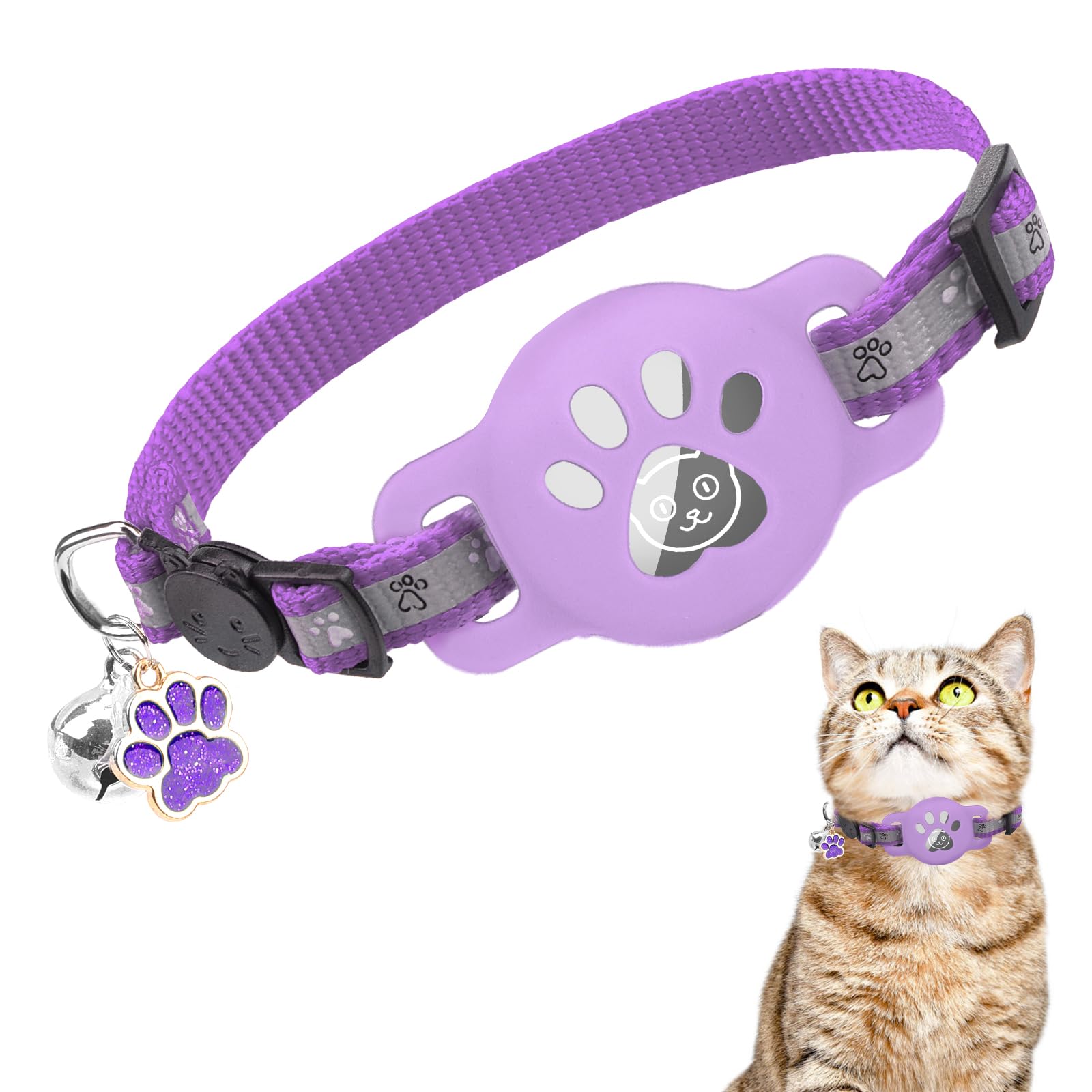 DILLYBUD Airtag Cat Collar Breakaway, Reflective Kitten Collar with Bell and Apple Air Tag Holder, GPS Cute Cat Collar, Glow in The Dark Pet Collars for Boy Girl Cats, Kittens, Puppies, Purple