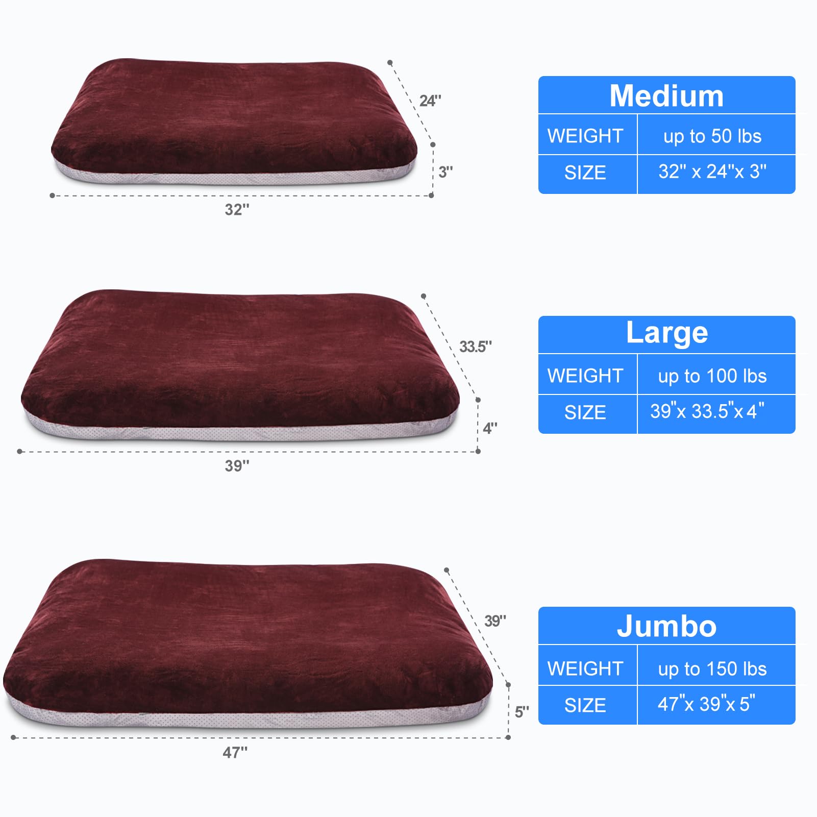 Magic Dog Super Soft Extra Large Dog Bed, 47 Inches Jumbo Orthopedic Foam Pet Beds with Anti Slip Bottom, Dog Sleeping Mattress with Removable and Washable Cover, Burgundy XL
