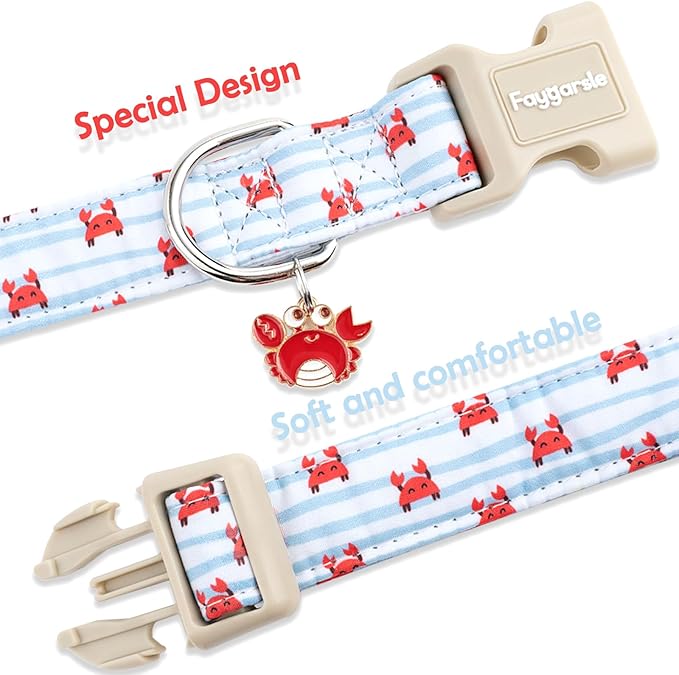 Faygarsle Cute Crab Pattern Dog Collar, Cotton Fabric, Light Blue Stripes, for Small Medium Large Dogs XS