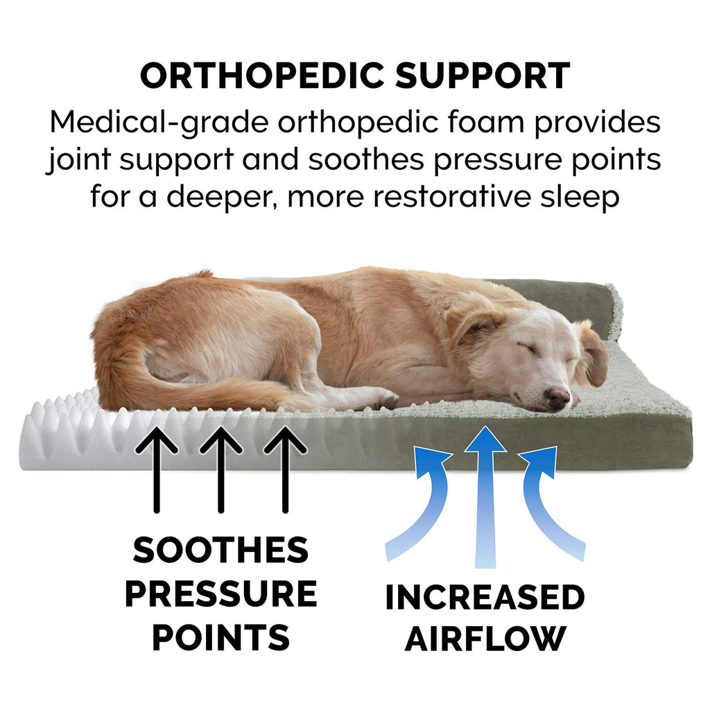Furhaven Orthopedic Dog Bed for Large/Medium Dogs w/ Removable Bolsters & Washable Cover, For Dogs Up to 55 lbs - Two-Tone Plush Faux Fur & Suede L Shaped Chaise - Dark Sage, Large