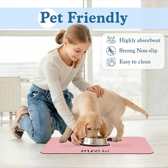 Pink Cat Meow Dog Food Mat–Absorbent Quick Dry Feeding Placemat for Food and Water Bowls, Non Slip Rubber Backing, Waterproof Pet Supplies for Mess-Free Eating 16"x24"