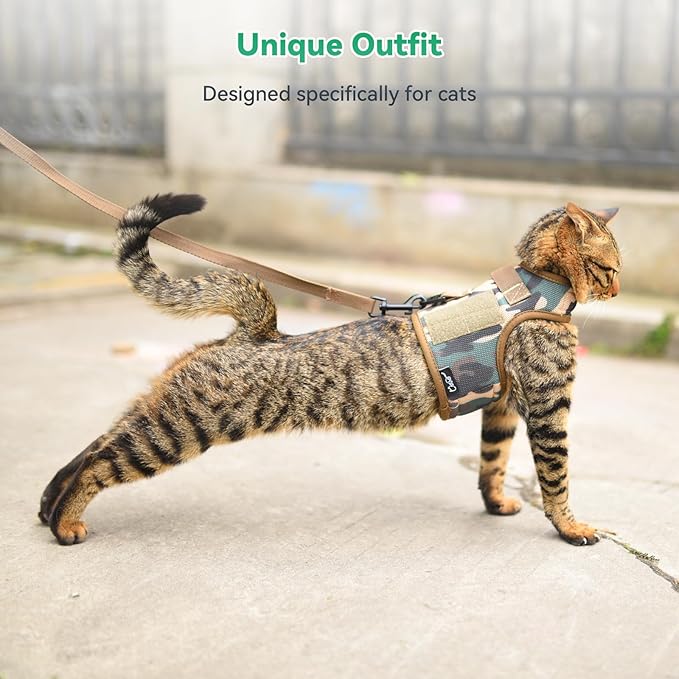 Tactical Cat Harness and Leash for Walking Escape Proof Breathable Mesh Fabric, Green Jungle Camo, Medium, Adjustable Cat Walking Jackets, Padded Stylish Cat Vest