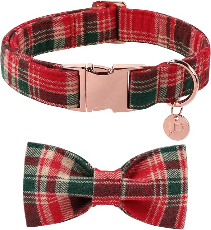 UP URARA PUP Christmas Plaid Dog Collar with Bow Tie– Adjustable Red & Green Checkered Dog Collar for Small Medium Large Dogs, Soft Xmas Plaid Puppy Collars with Quick Release Buckle XS