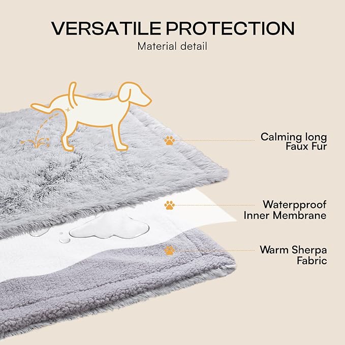 Luciphia Large Waterproof Dog Blanket for Pet Washable Liquid Proof Bed Intimacy Protection Shaggy Plush Calming Long Faux Fur Couch Cover Calming Cat Throw Blankets, Mist Grey, 60" x 80"
