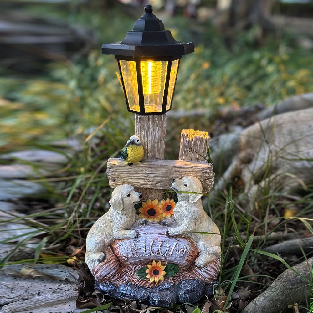 ZYLiWoo Outside Dog Statue with Solar Lantern, Garden Welcome Sign Dog Solar Figurines Light, Patio Outdoor Decoration, Balcony Lawn Decor, Unique Birthday House Warming Gift for Women, Mom, Grandma