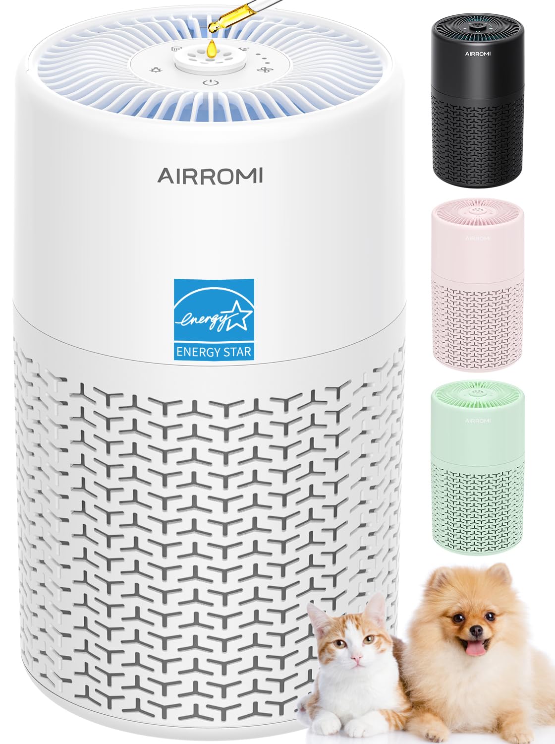 AIRROMI Pets Air Purifier for Home Allergies,Up to 660 ft². HEPA Deodorizing Activated Carbon Filter,With Fragrance Sponge for Better Sleep,Night Light,Pet Dander,Smoke,Odors,Air Cleaner A2002 White
