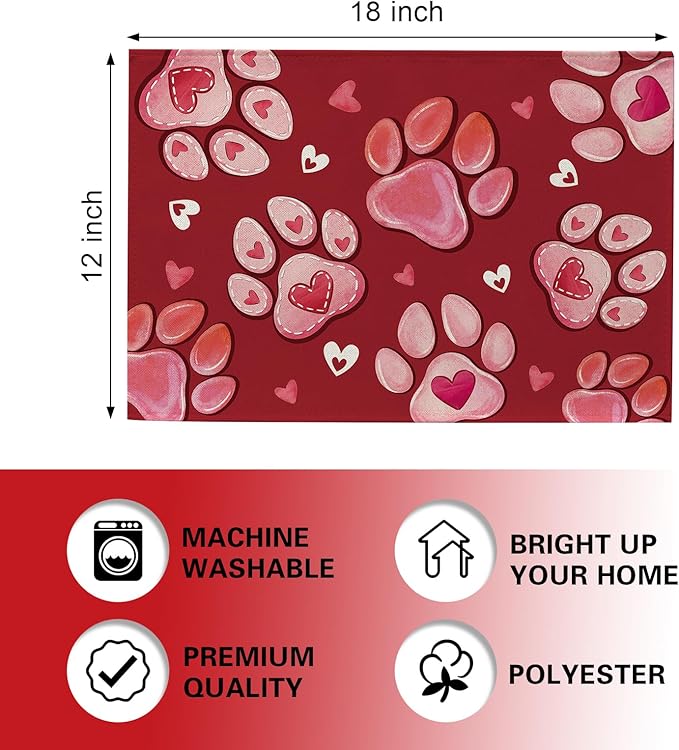 Croar Valentines Day Dog Cat Paw Prints Placemats Set of 4