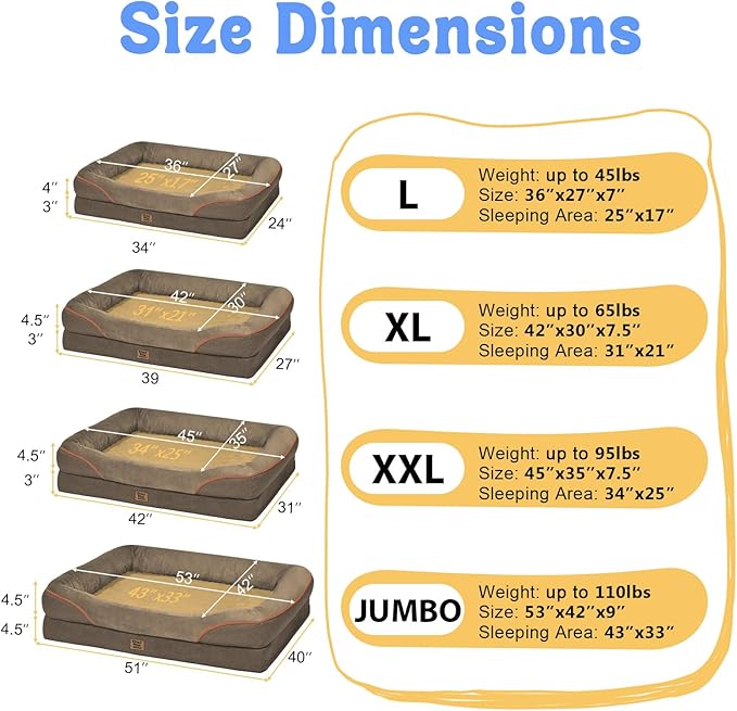 Washable Orthopedic Large Dog Bed - Big Dog Beds with Removable Waterproof Cover and Non-Slip Bottom XL Large Pet Beds with Bolster Extra Large Dogs Bed