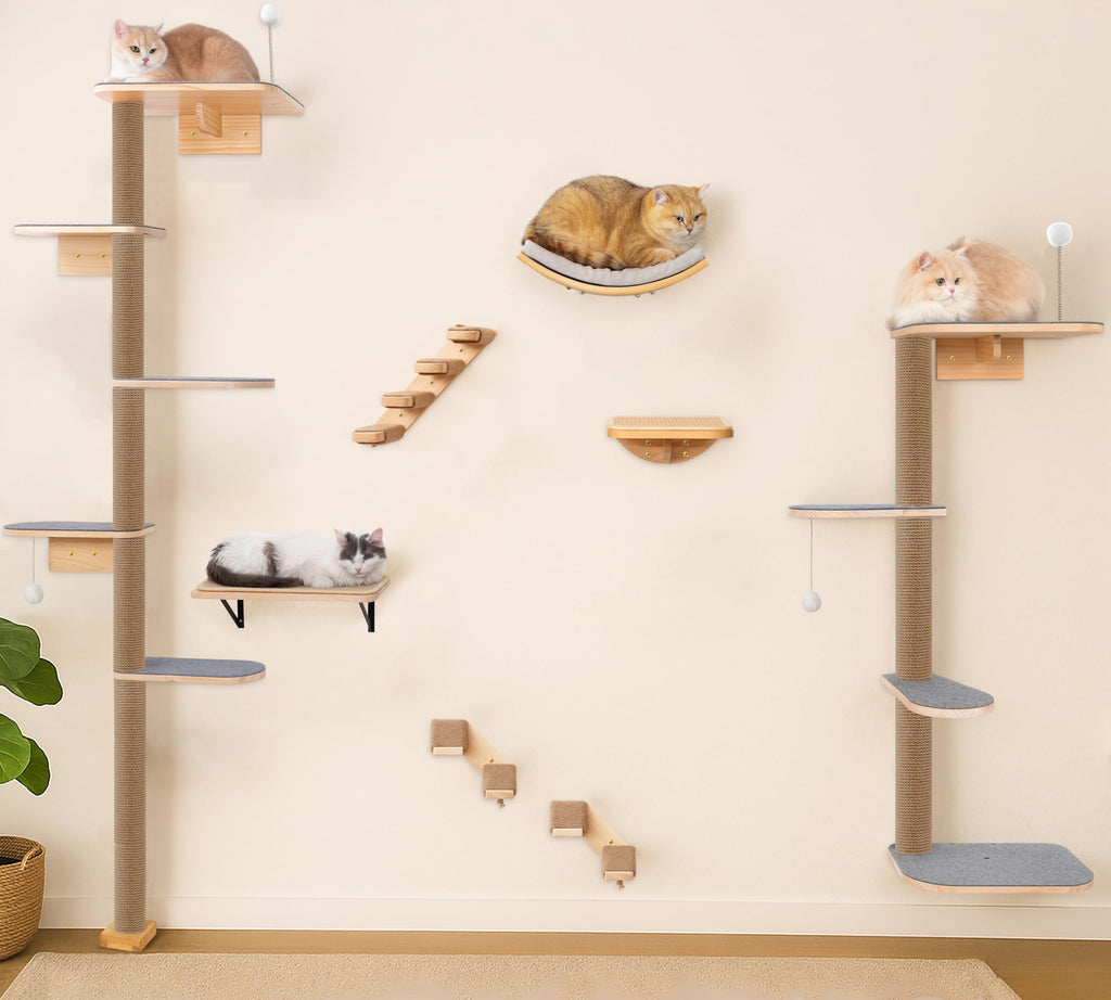 Floor to Ceiling Cat Tree for Kittens, 5-Tier Wall Mounted Cat Wall Shelves with Grey Felt Pads, Adjustable Wild Simulation Cat Tower, Natural Pine Wood Platforms for Climb, Scratch and Lookout