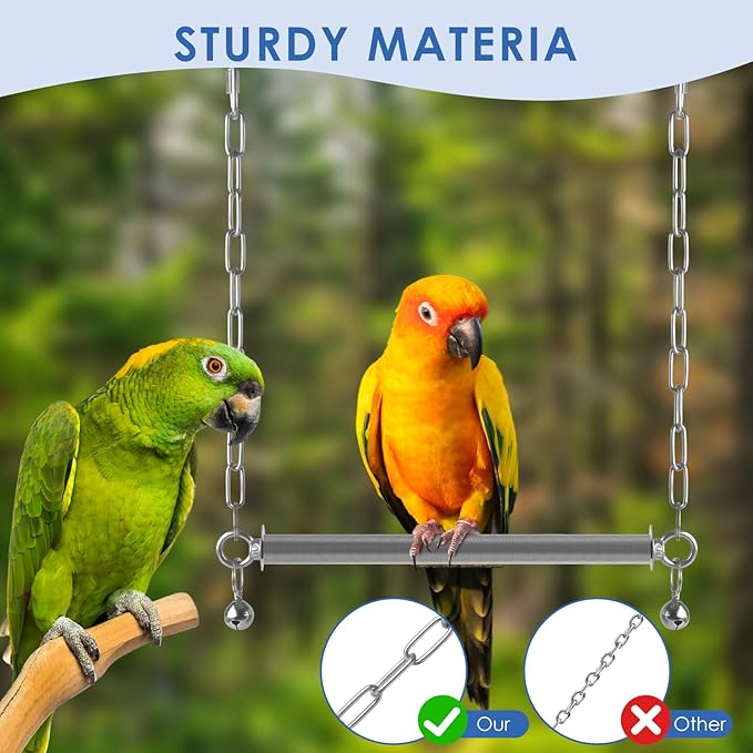 DBNESS Stainless Steel Large Bird Swing, Hanging Heavy Duty Parrot Swings Perches Stand Toys with Bell, Claw Grinding Birdcage Accessories for Macaw Afican Grey Amazon Cockatoo