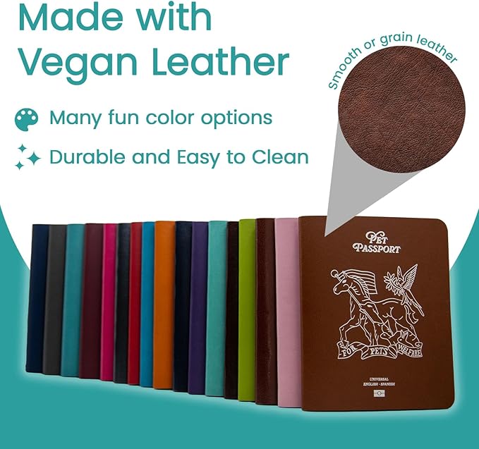 Color Premium PU Leather stitch-sewn US Pet Passport Medical Record for Pet Health and Vaccination English + Spanish for Cat, Dog, Puppy and Kitten (Purple, Single)
