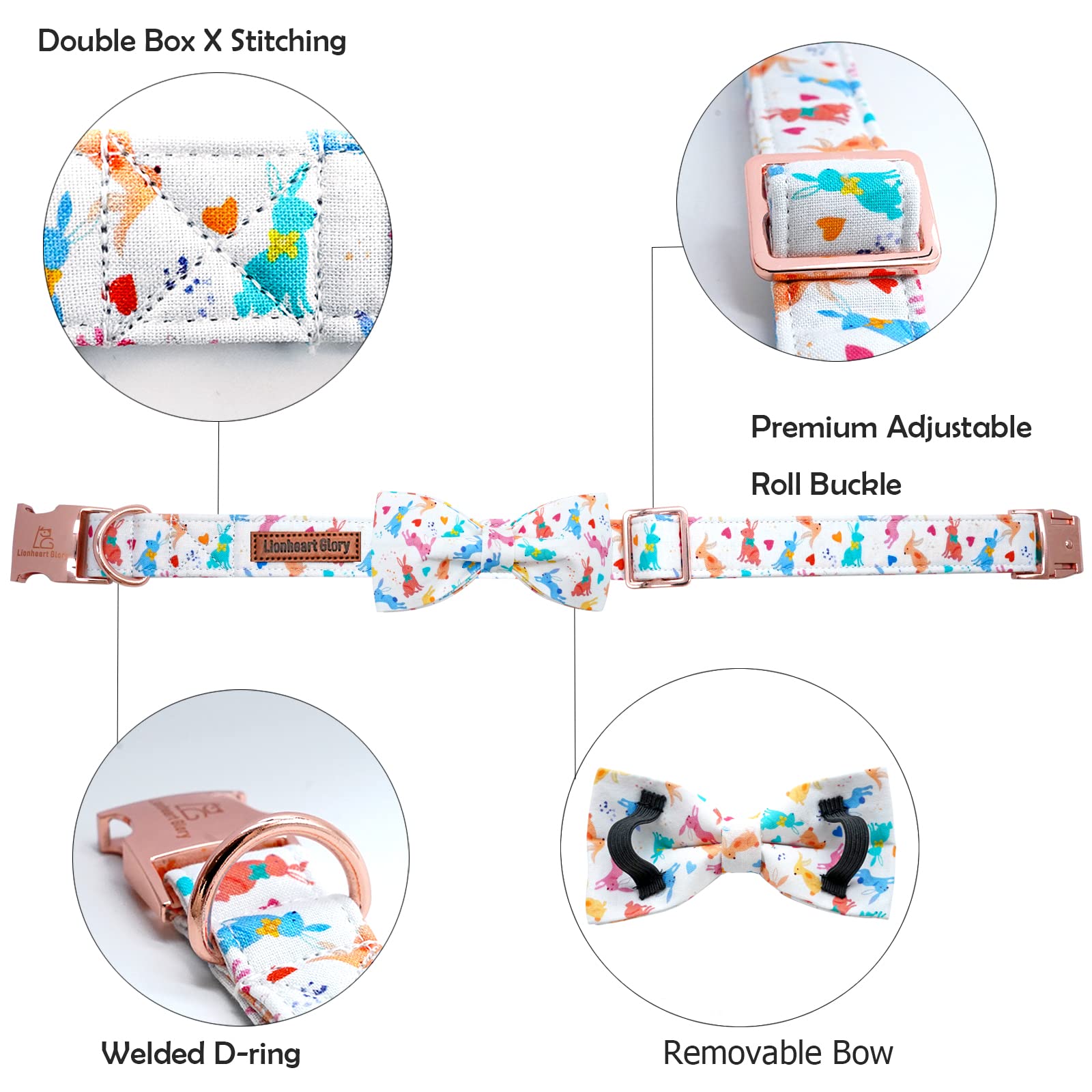 Lionheart glory Easter Dog Collar with Bow Tie Rabbit Print Dog Collar Girl or Boy Soft Durable Adjustable Puppy Gift Collar Bows Spring Collar Dog Bow