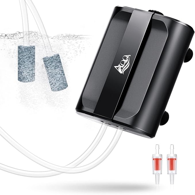 AQQA Aquarium Air Pump,3.5W 5W Dual Outlet Oxygen Pump with 2 Air Stone,Adjustable Air Valve Quiet Bubbler Pump,Up to 160 Gallon Fish Tank (5w)