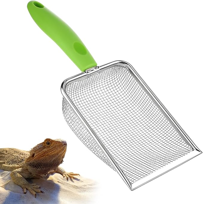 Qulkws Stainless Steel Mesh Litter Shovel, Fine Mesh Metal Reptile Litter Cleaner Scooper, Green Non-Slip Handle Sifter for Lizard Substrate Reptile Terrarium Sand Waste