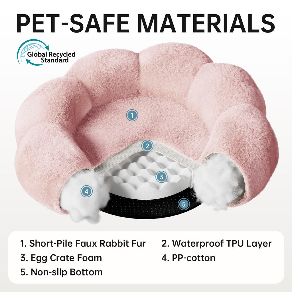 OhGeni 31 inches Calming Donut Orthopedic Dog & Cat Bed for Medium Pets, Warming Comfort Fluffy Short Pile Fur, Durable Waterproof Machine Washable Removable Cover, Cute Round Bed for Puppy, Pink