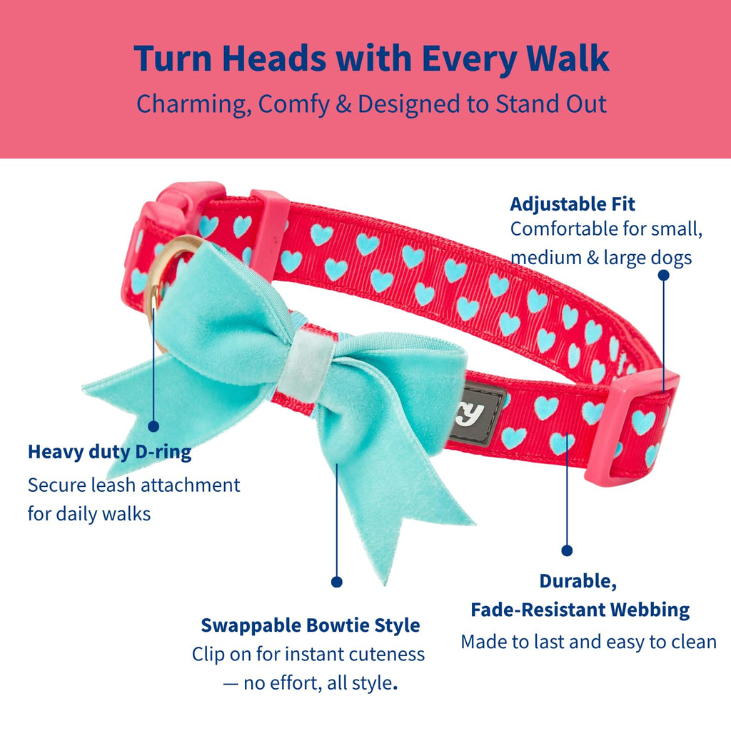 Blueberry Pet Valentines Day Dog Collar with Velvety Bowtie, Heart in Lust Red, Small, 12"-16" Neck, Adjustable, Eco-Friendly, Dog Collars for Medium Dogs & Small Dogs, Puppy Collar