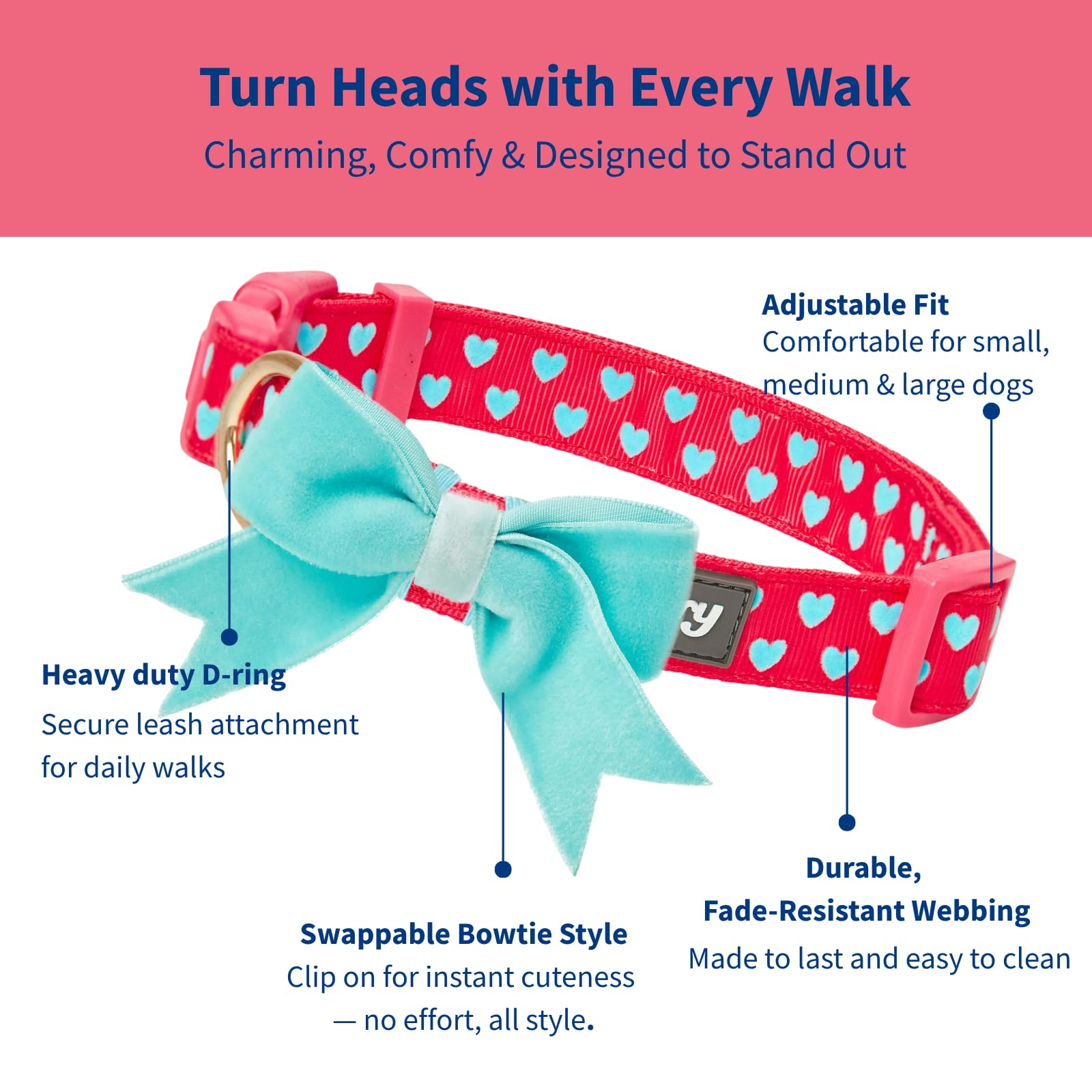 Blueberry Pet Valentines Day Dog Collar with Velvety Bowtie, Heart in Lust Red, Small, 12"-16" Neck, Adjustable, Eco-Friendly, Dog Collars for Medium Dogs & Small Dogs, Puppy Collar