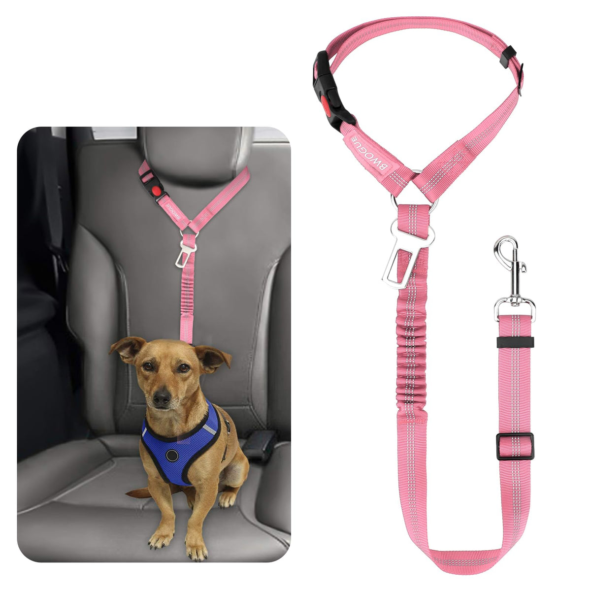 BWOGUE Dog Seat Belt for Car, Headrest Restraint Reflective Bungee, 1 Pack