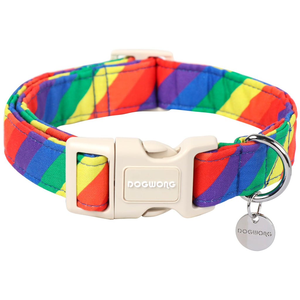 DOGWONG Cotton Dog Collar, Rainbow Dog Collar Durable Soft Natural Fabric Pet Dog Collar Cute LGBTQ Puppy Necklace for Small Medium Large Dog