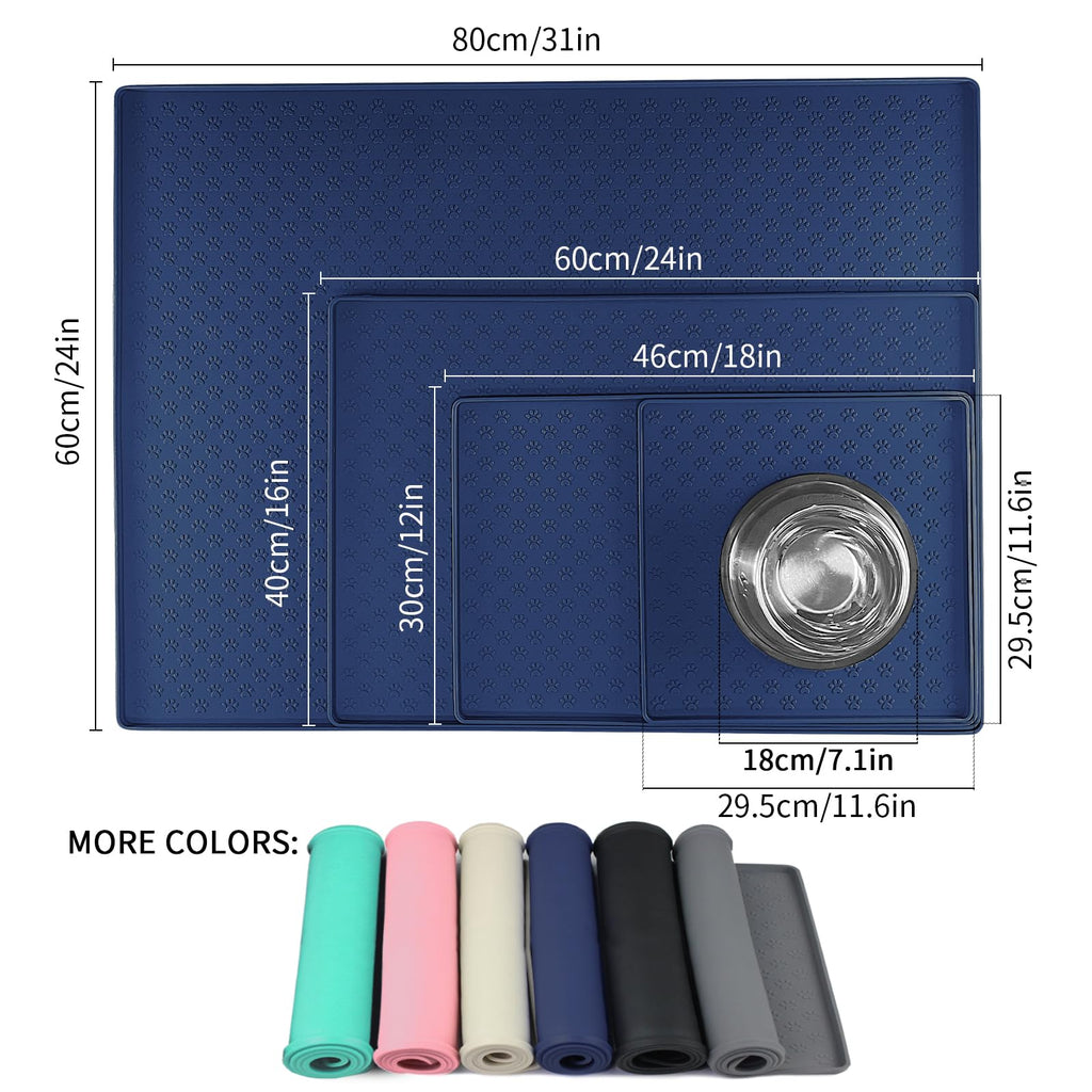 Ptlom Silicone Pet Placemat for Dog and Cat, Waterproof Non-Slip Pet Feeding Bowl Mats for Food and Water, Small Medium Large Tray Mat Prevent Residues from Spilling to Floor, Navy Blue, 24.5" 16.5"