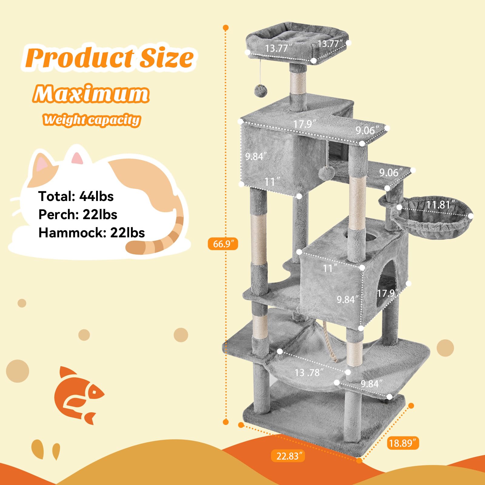 DUMOS Large 66 Inch Cat Tree Tower with Scratching Posts, Indoor Use