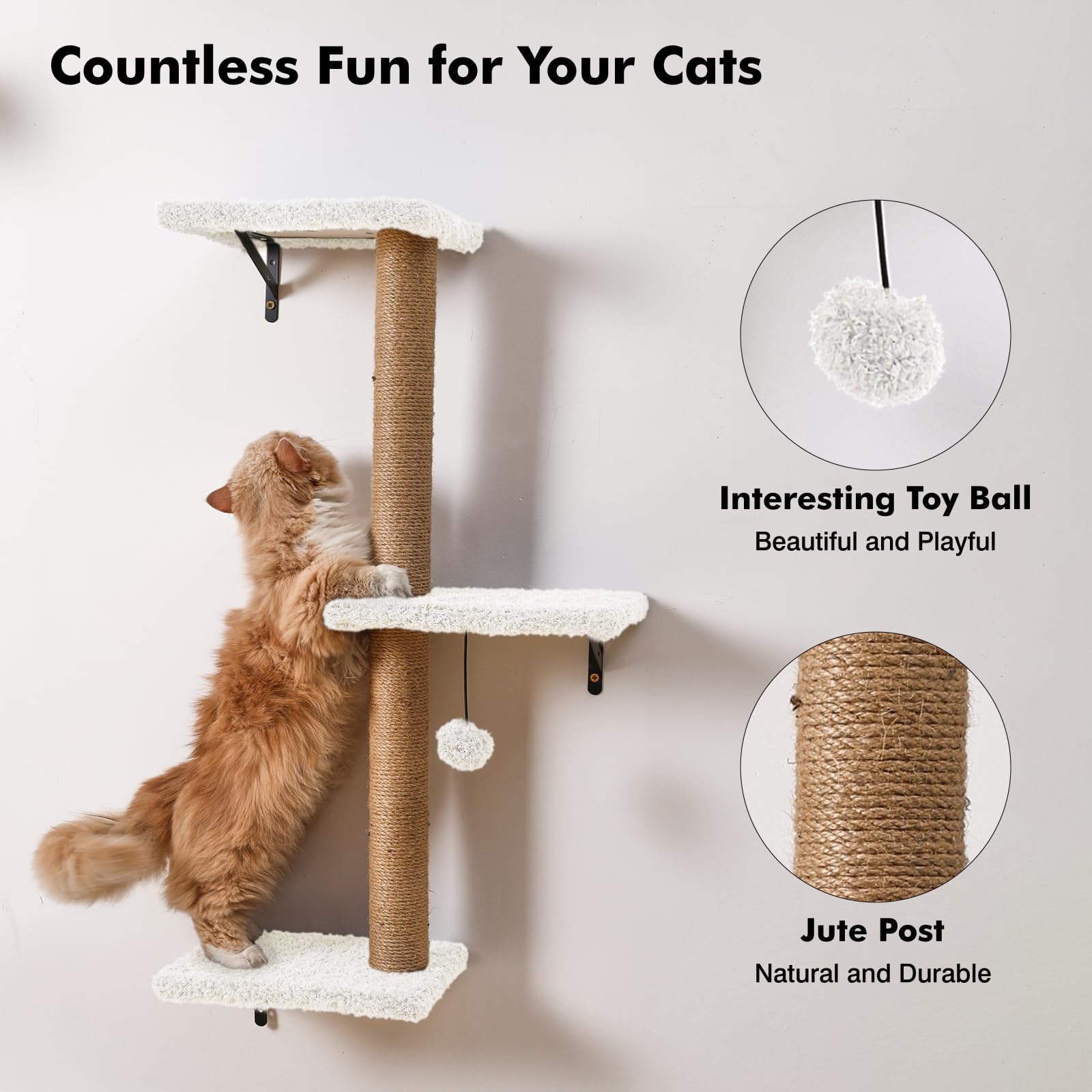5-in-1 Cat Wall Shelves, Multi-Level Cat Climbing Furniture, Perch & Lounge for Indoor Cats, Space-Saving Wall Mounted Shelves for Play & Rest (Natural Wood) - White