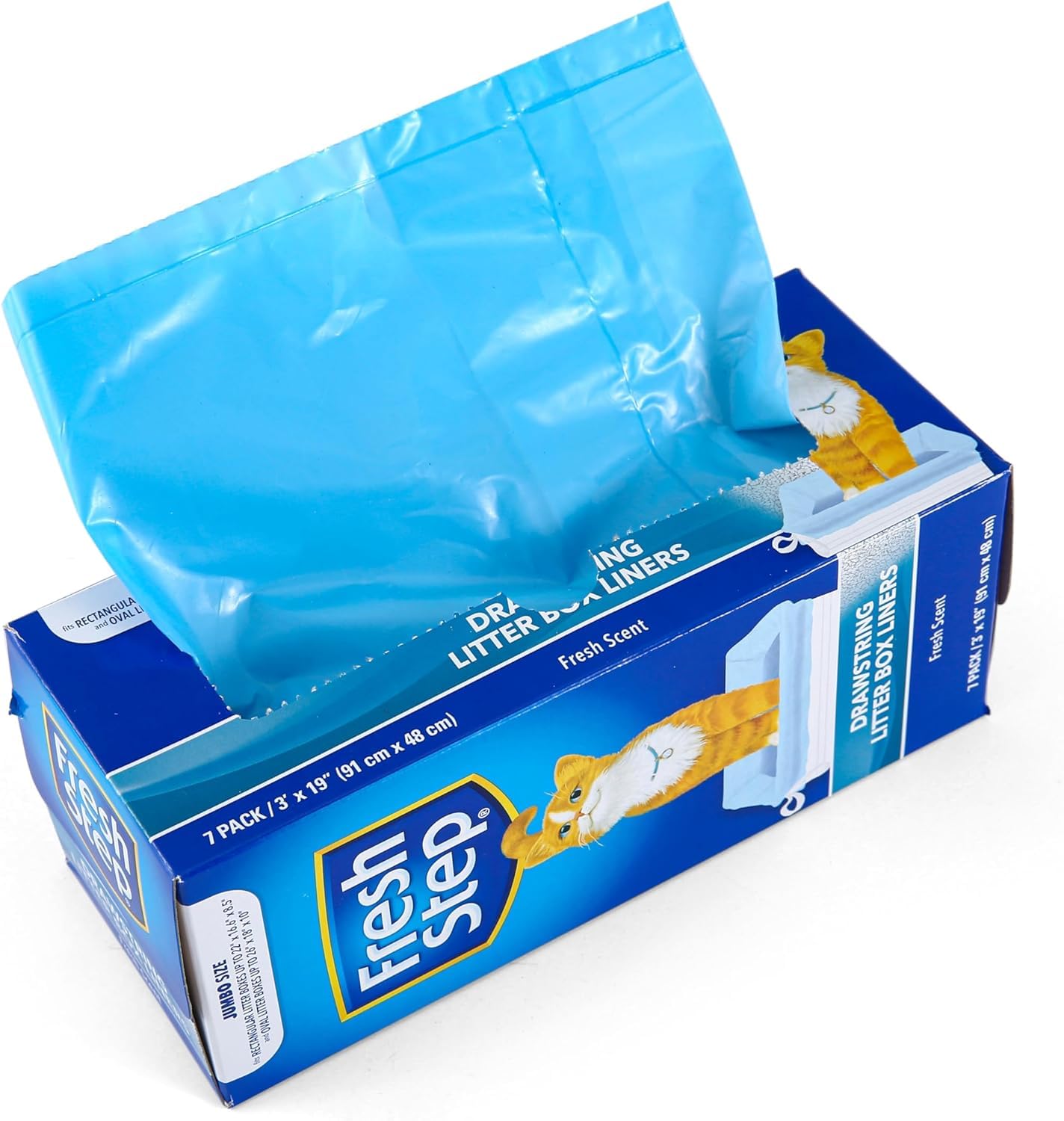 Fresh Step Jumbo Drawstring Cat Litter Box Liners Scented Heavy Duty Kitty Litter Bags X-Large Oval or Rectangle Pans Easy Lift Out Cleanup 3 ft x 19 IN 7 Count 36 Pack Scented Bulk Multi-Pack