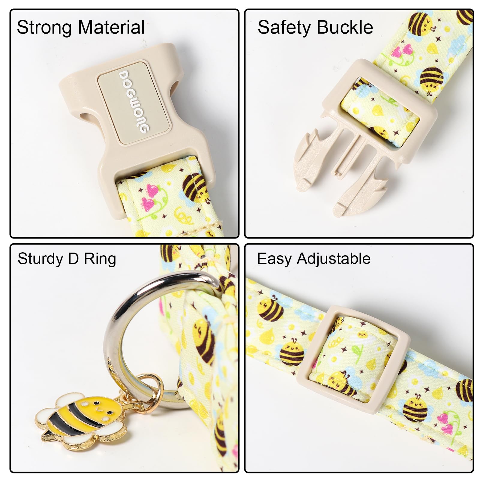 DOGWONG Spring Summer Dog Collar- Bee Flower Dog Collar, Adjustable Soft Girl Boy Dog Collar for Small Medium Large Dogs, XL
