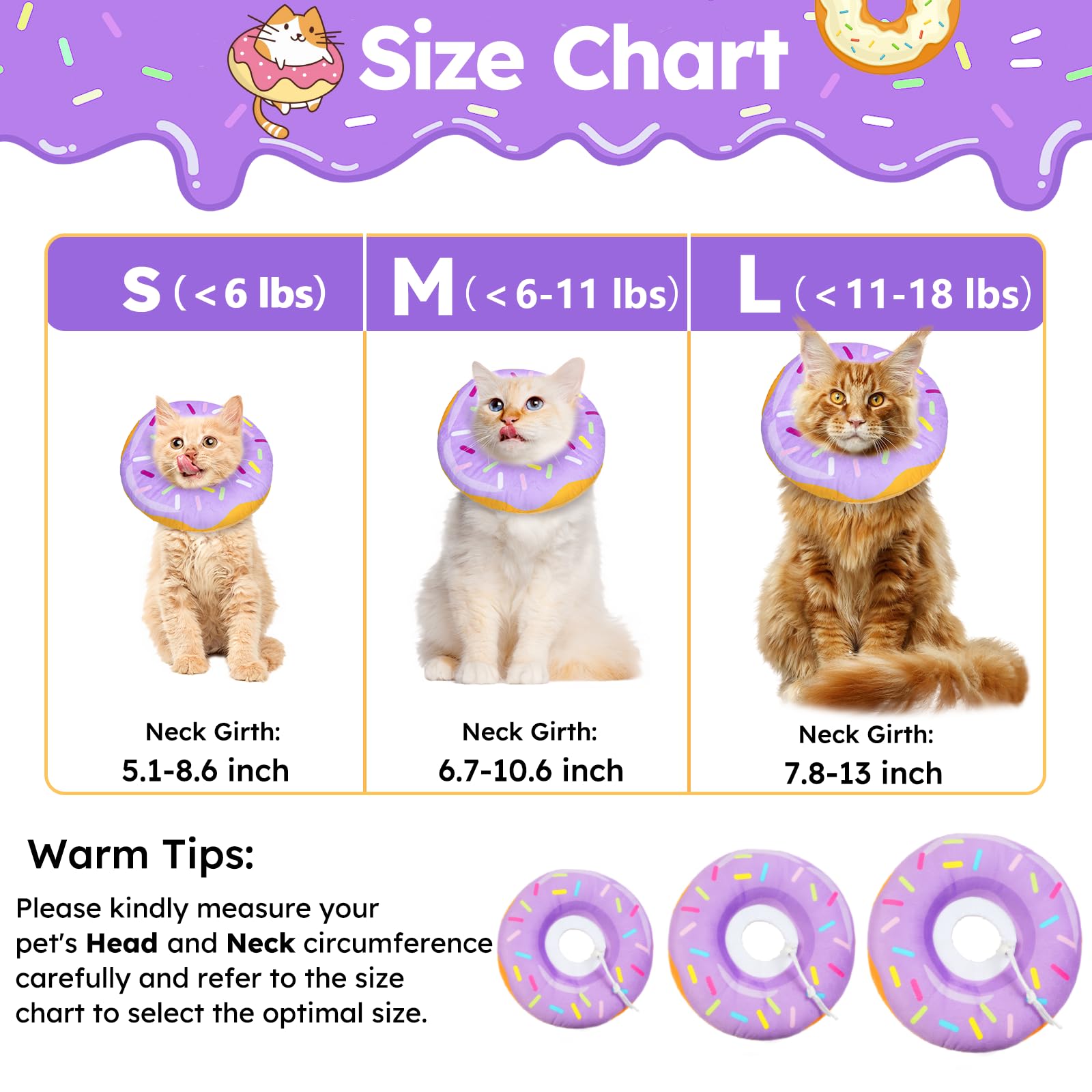 Cat Cone Collar Soft, Cat Recovery Collar for Wound Healing Cute Donut Adjustable Kitten Cones to Stop Licking Comfortable Lightweight Neck Elizabethan Collars for Kittens After Surgery