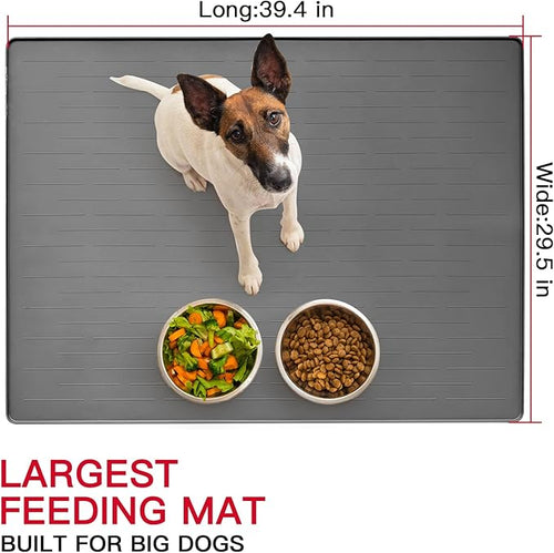 39.4"x29.5" Largest Pet Food Mat, Silicone Dog Mats for Food and Water, Nonslip Pet Feeding Mats for Floors,Dog Cat Bowl Mat with Raised Edges, Gray Blue