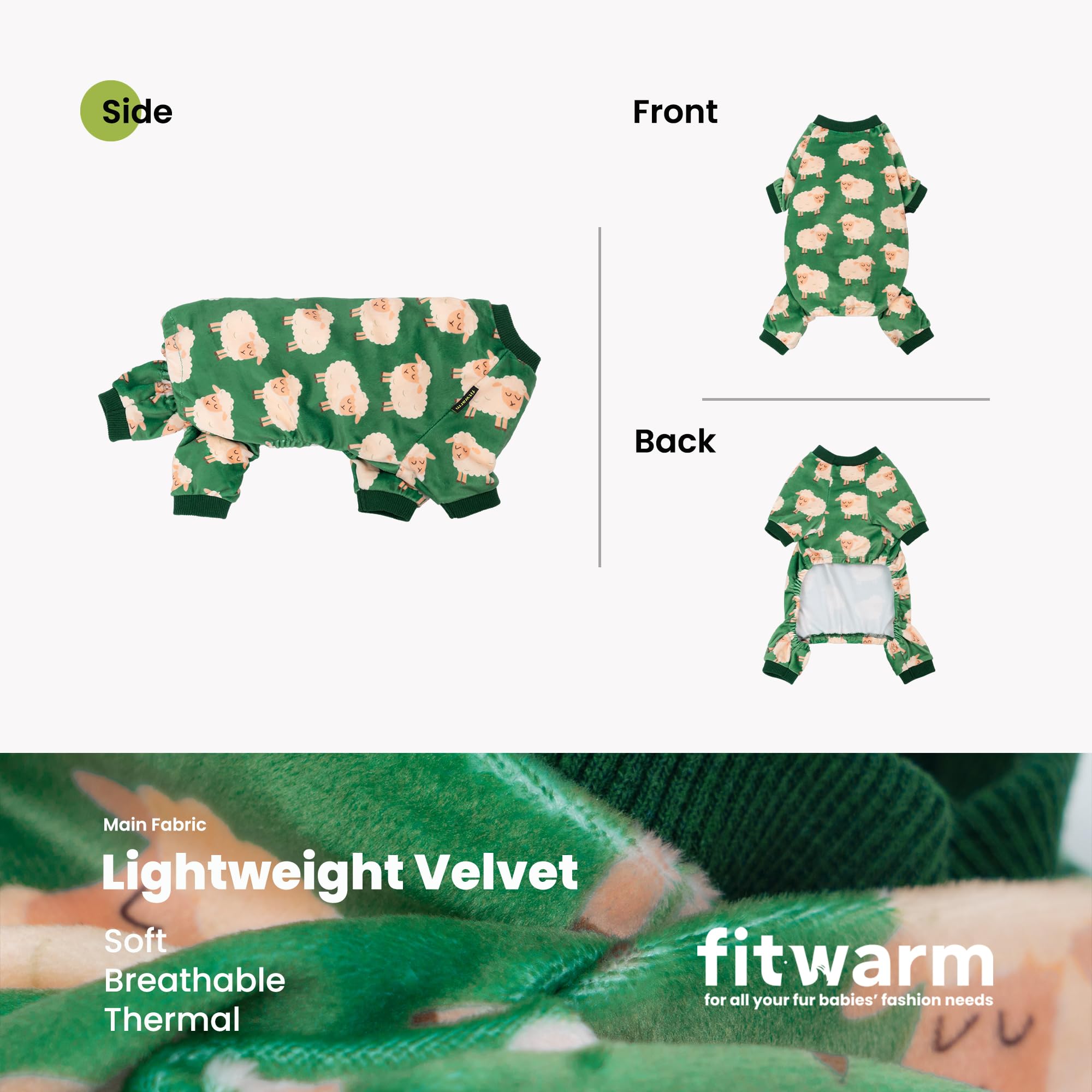 Fitwarm Funny Sheep Dog Pajamas, Warm Winter Dog Clothes for Small Dogs Boy Girl, Cozy Pet Onesie with Feet, Green, White, XS